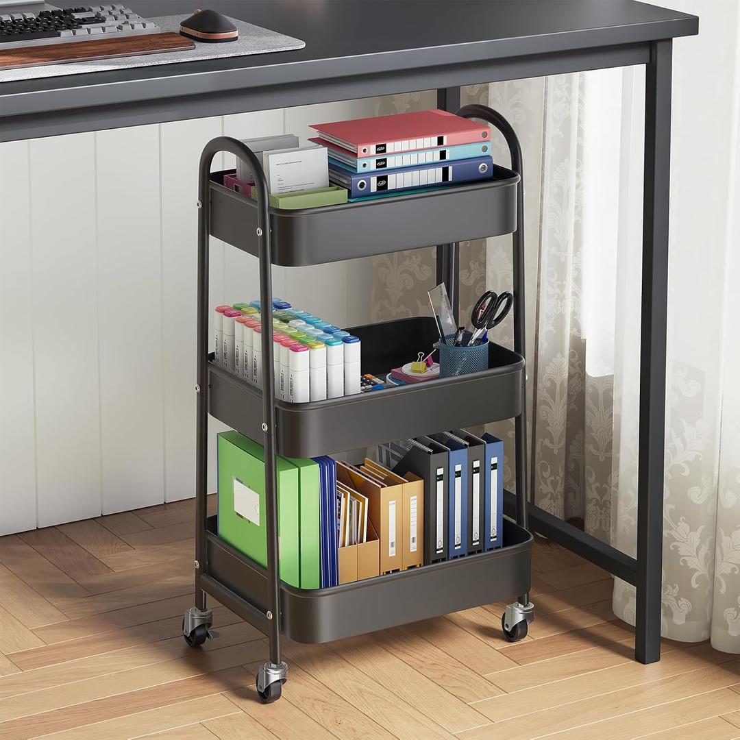 3 Tier Rolling Carts Metal Rolling Storage Cart Utility Carts with Lockable Wheels & Hanging Cups & Hooks Mobile Trolley Cart for Kitchen Bathroom Office Workshop