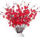 20pcs Cherry Blossom Branches Artificial Flowers for Winter Spring Indoor Decoration, 22" Plum Fake Peach Plants for Wedding Home Office Bedroom Party Decor (red, 22in)