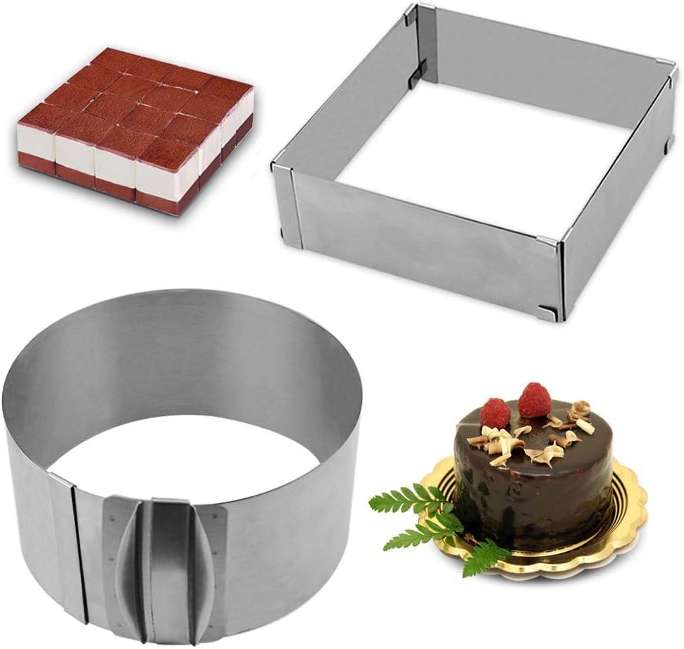 Gutsdoor Adjustable Cake Mold Ring 6-12 Inch Mousse Ring Stainless Steel Cake Mold Set 2-piece Baking Tool (Square+ Round)