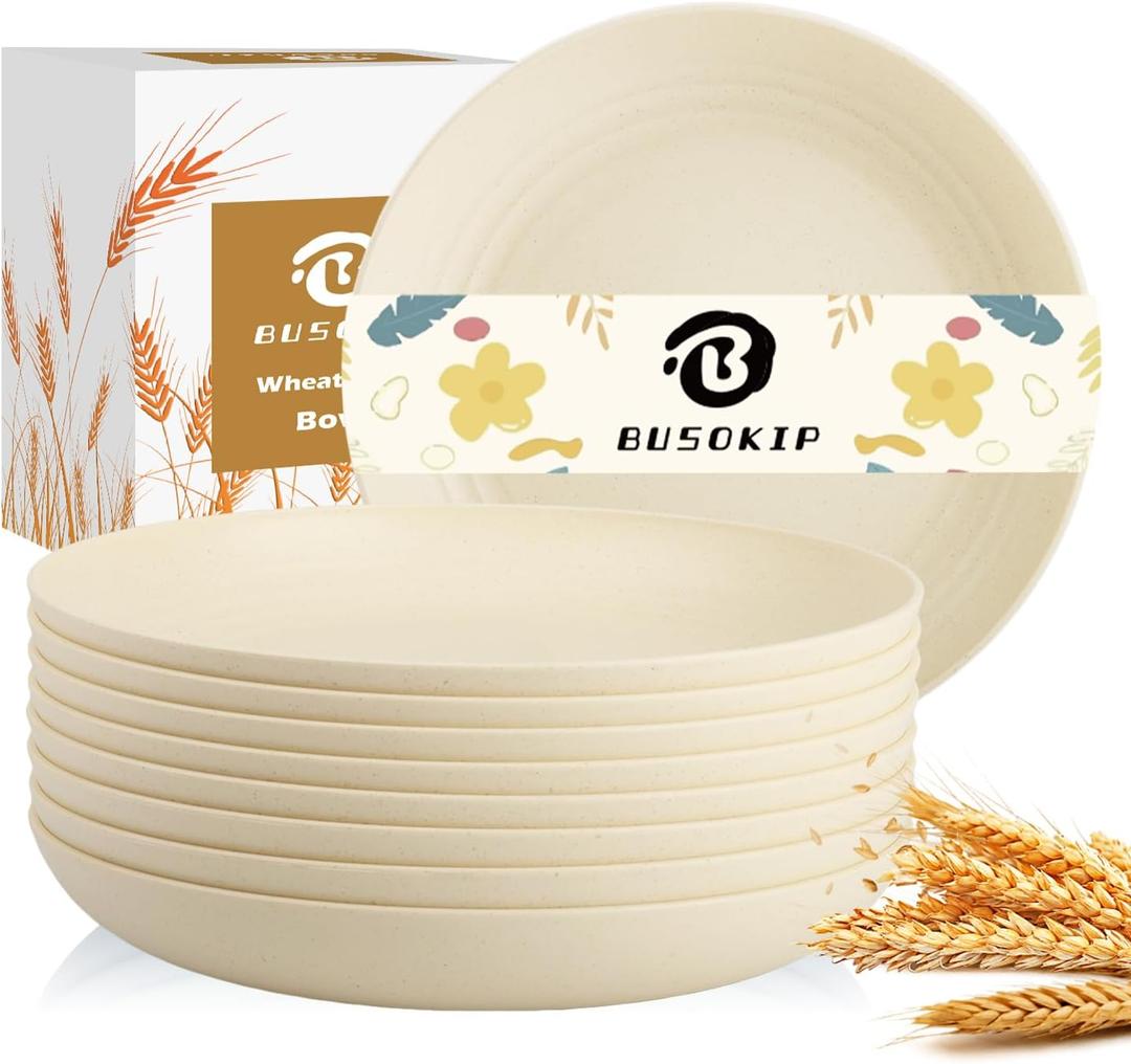 Deep Dinner Plates Set of 8, Wheat Straw Plate 9 Inch, Lightweight and Unbreakable Plastic Plate Reusable, Microwave & Dishwasher Safe Camping Plates for Picnic, Outdoor, Travel (Beige)
