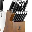 WIZEKA 15-Piece knife set, High Carbon Stainless Steel Kitchen Knife Set, Ultra Sharp Knife Block Set with Sharpener, Black, Crown Series