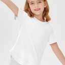 Haloumoning Girls Summer T Shirts Loose Curved Hem Short Sleeve Shirt Athletic Casual Tops Tees 4-14 Years, 130 (White)