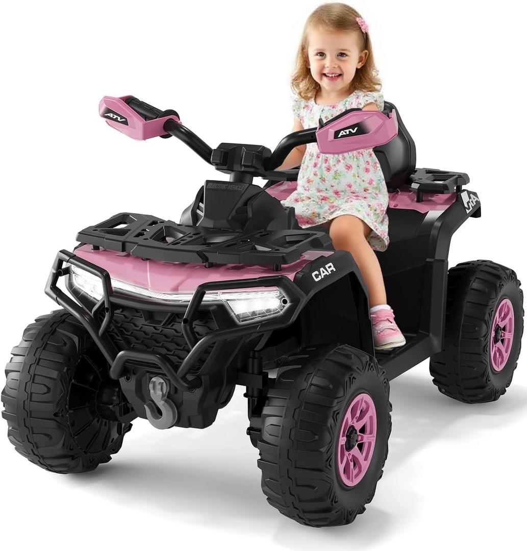 12V Kids Ride On ATV Car w/Parent Remote Control, Spring Suspension, LED Lights, Bluetooth, USB, Music, Early Education, Volume Control, Off-Road 4 Wheeler w/LED Flag for Boys & Girls Ages 3+ (Pink)