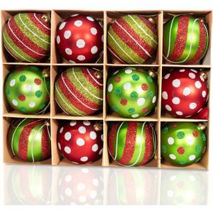 12PCS Green Red Christmas Ball Ornaments, 3.15" Large Shatterproof Plastic Hand-Painted Glitter Xmas Tree Decorations (Green)