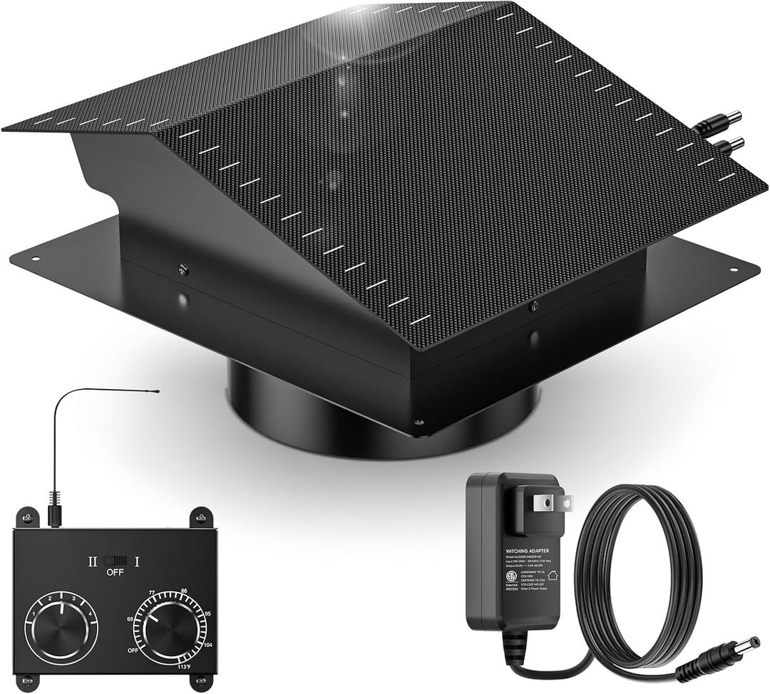 20 Watt Solar Roof Vent Fan with Thermostat - MPPT Controller, Adjustable Wind Speed, 2 Modes, Adapter, Dual Power Auto-Switch for 24/7 Operation - Cools up to 1100 Sq.Ft, for Small Attic Garage Shed