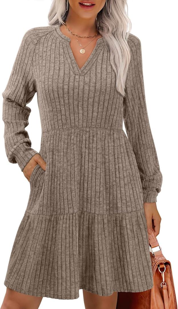 IWD Womens V Neck Long Sleeve Dress with Pockets Casual A-Line Knee Length Fall Knit Sweater Dresses 2025 (Beige, M)