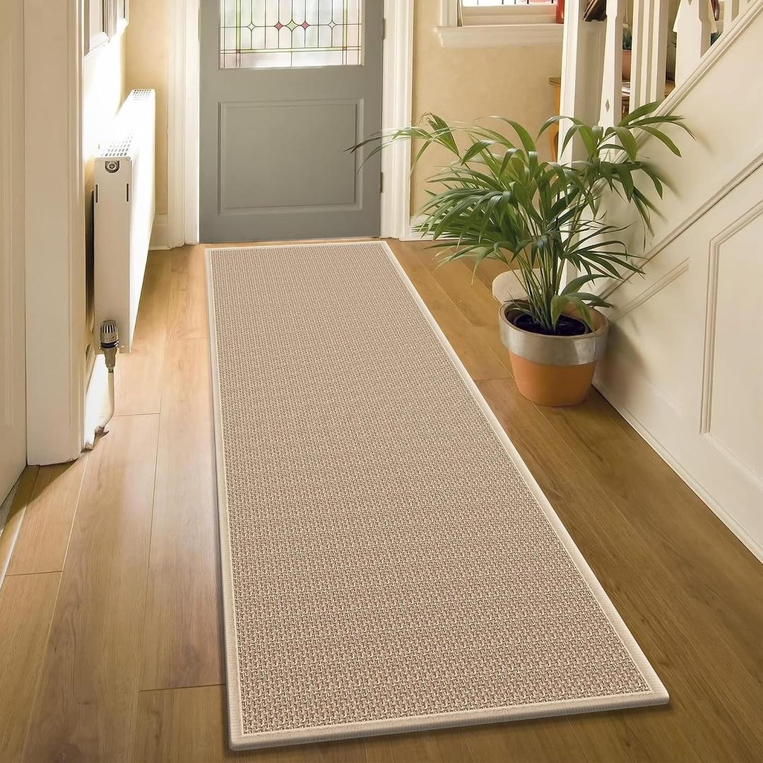 7ft Natural Jute Hallway Runner Rug Non Slip Washable, Rubber Backed Long Khaki Indoor Entryway Runner, Absorbent Kitchen Carpet Sink Rug