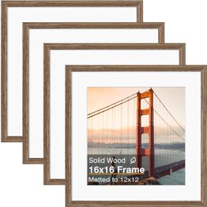 KINLINK 16x16 Picture Frame, Brown Square Solid Wood Frames for Pictures 12x12 with Mat or 16x16 without Mat, Wall Display Photo Frames Brown Wood 4 Pack