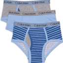 Calvin Klein Boys' Little Modern Cotton Assorted Briefs Underwear 3 Pack (Large, Blue and Grey Stripe, Blue Bell, Heather Grey)