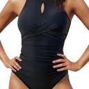 Tempt Me Women Black One Piece Swimsuits Tummy Control Bathing Suits High Neck Cutout Twist Front Swimwear, Medium