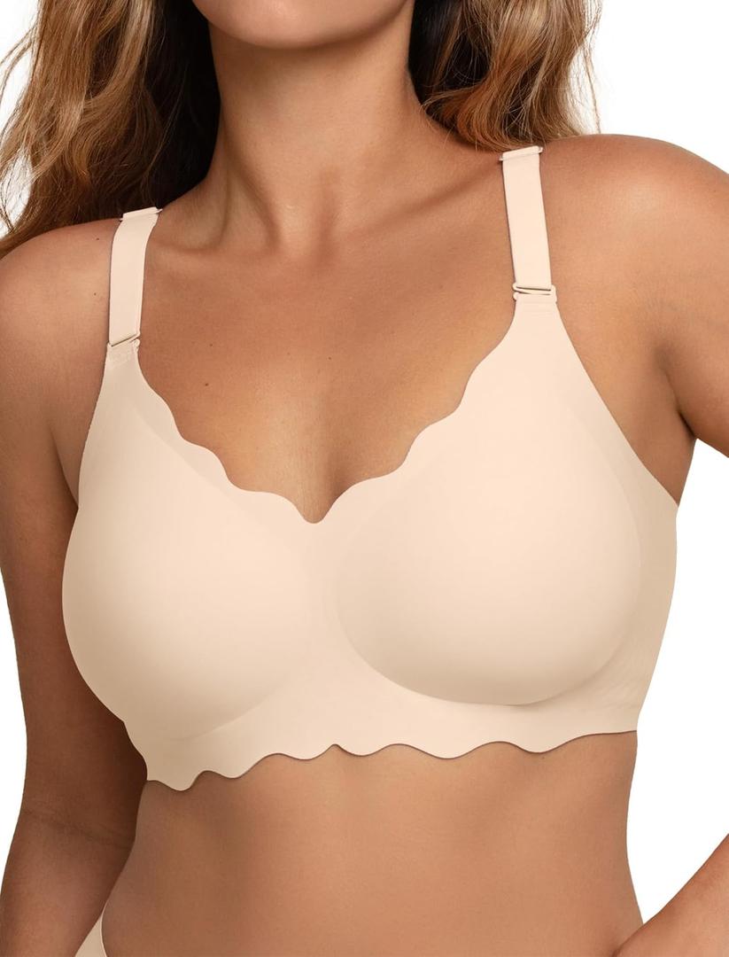 COMFELIE Seamless Wireless T-Shirt Bra for Women, Full Coverage No Underwire with Deep V Neck, U-Back & Lace Trim, M 