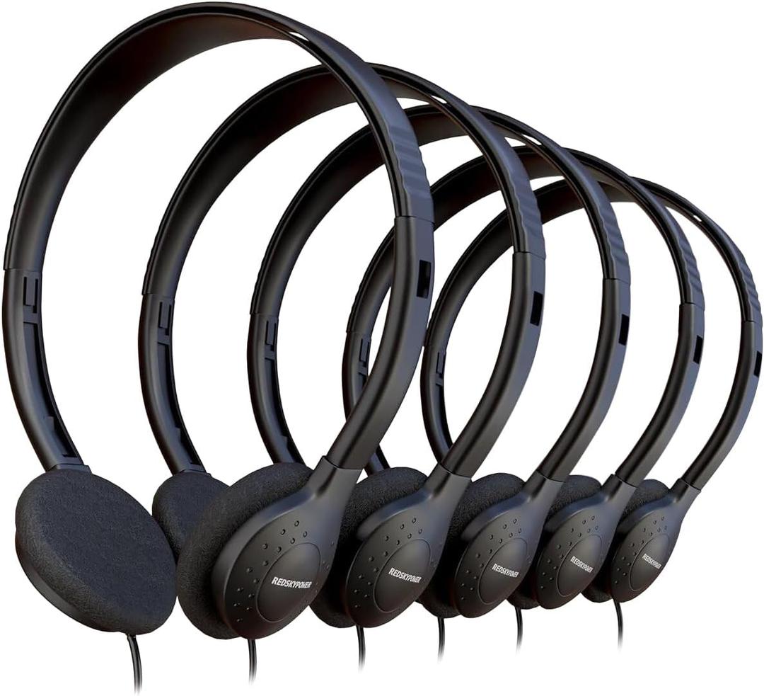 5 Pack Bulk Wired Headphones, On Ear with 3.5mm Jack, 4ft Tangle Free Cable, Comfortable Fit, Affordable and Cost Effective, Ideal for School Classroom Testing Students Events Groups, Black