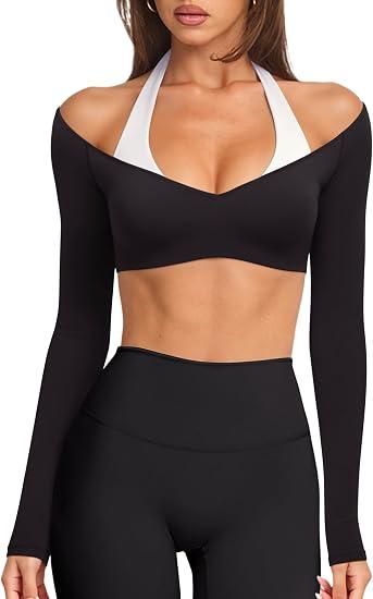 LASLULU Womens Halter Crop Tops Long Sleeve Workout Top with Built in Bra, Medium