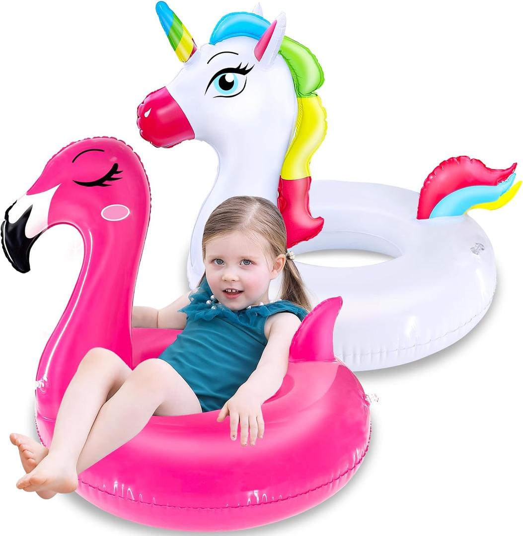 2 Pack Inflatable Flamingo Unicorn Pool Floats for Kids 3-8 Years Fun Floaties Inflatables Rafts Swimming Pool Tubes Party Decorations, Summer Vacation Beach Floaty Swim Rings Lounger for Girls Boys