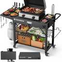 Outdoor Grill Cart, 440lbs Outdoor Grill Table, 31x17 inch Blackstone Griddle Stand, Portable Folding Cart with Wheels, 2-Tier Storage Rack & Side Storage Box (Black)