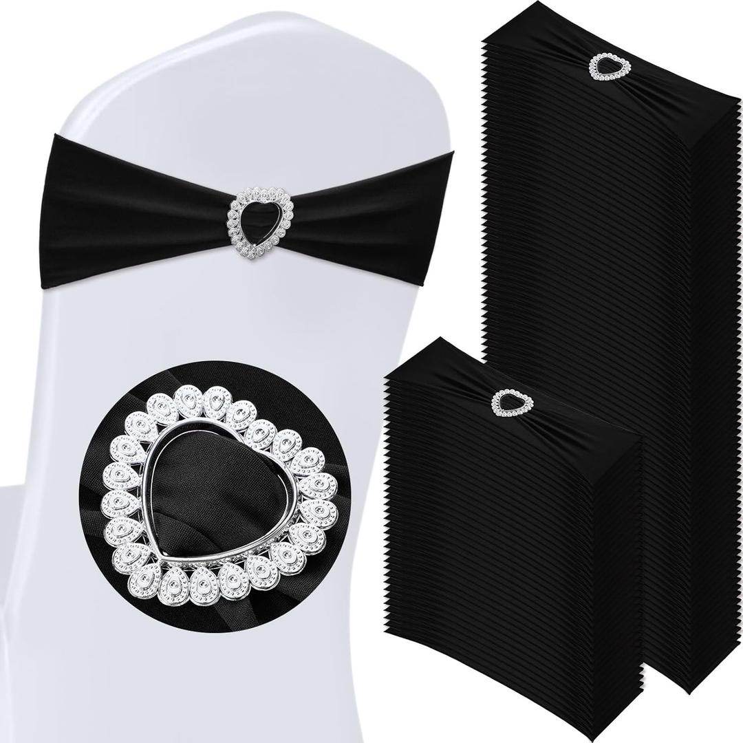 VitalCozy 100 Pcs Spandex Chair Sashes with Heart Shaped Buckle Slider Stretch Chair Cover Band Universal Elastic Ties for Wedding Banquet Event Party Decoration(Black)