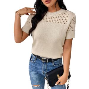 Short Sleeve Sweaters for Women 2026 Casual Crewneck Summer Shirts Lightweight Hollow Out Knit Sweater Tops (Beige, XXL)