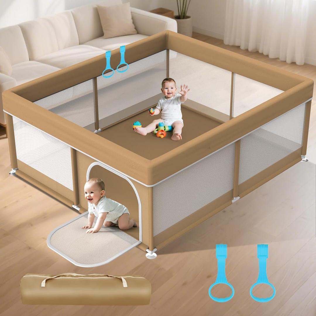Omzer Baby Play Yard 79x71 in - Large Playpen for Babies and Toddlers - Baby Playpen with Visible Mesh & Zipper Door - All-Wrapped Sponge Safety Sturdy Play Pen with 2 Handles & Storage Bag, Khaki