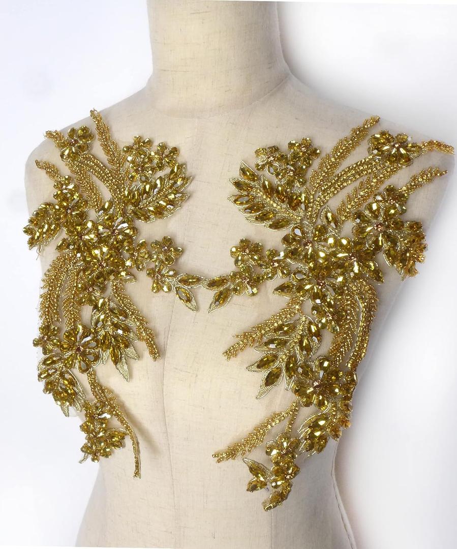 Hand-Made Beaded Rhinestones DIY Clothing Appliques Patch,Beaded Applique for Wedding Dress Decoration, Rose Gold/Pink/Silver/Red/Black Flower Applique by Pair (Gold-B)