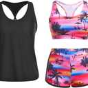 Yonique 3 Piece Athletic Tankini Swimsuits for Women with Shorts Swim Tank Tops with Sports Bra and Boyshorts Bathing Suits XXS