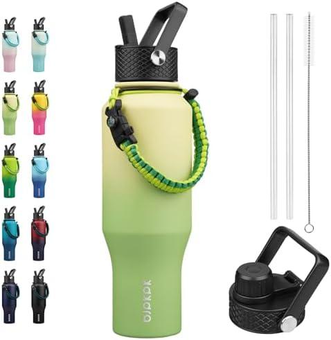 BJPKPK Insulated Water Bottles with Straw Lid, 35oz Metal Water Bottle with 2 lids & Paracord Strap, Double Wall Stainless Steel Vacuum Tumblers, Cups, Mugs, Thermos for Hot& Cold Drinks, Fresh Green