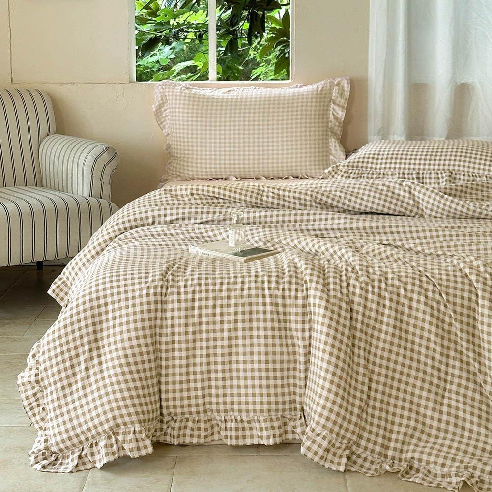 NSNLGSGC Tan Ruffle Gingham Comforter Set Queen, Pre-Washed Ruffled Taupe Plaid Checked Comforter Bedding, 3 Pieces Vintage Farmhouse Grid Bedding Set(Tan Gingham, Queen)