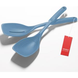 2 Pack Large Silicone Cooking Spoon, Non-Stick Slotted and Solid Spoon set with Deep Bolw- Measurement Mark for Mixing, Serving, Scooping, Scraping, Heat Resistant Kitchen Utensils, Starry Blue