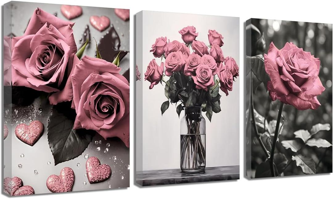 ZQQART Pink Rose Wall Art 3 PCS Bloom Pink Flower Canvas Prints Rustic Black and White Pink Floral Painting for Girls Room Wall Decor (Pink16.00" x 24.00" x 3)