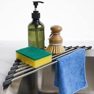 Tomorotec Foldable Stainless Steel Triangle Roll-Up Dish Drying Rack for Small Sink Corners - Over-The-Sink Multipurpose Kitchen Drainer, Rustproof Organizer, Trivet and Shelf - Space-Saving (Black)
