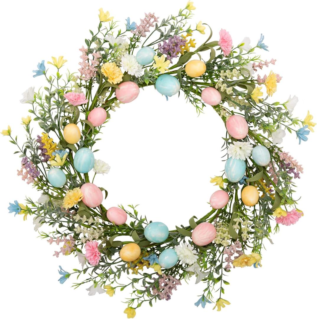 18 inch Easter Wreath Artificial Easter Egg Wreath for Front Door Easter Door Wreath Spring Wreath with Pastel Eggs and Mixed Twigs for Easter Decorations