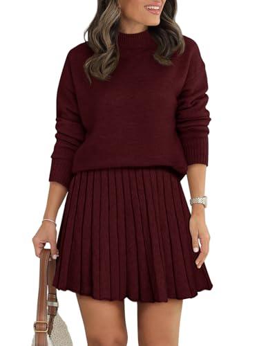 COCCKO 2 Piece Skirt Sets for Women Spring Fashion 2026 Flowy Pleated Mini Skirts and Turtleneck Long Sleeve Basic Sweaters M