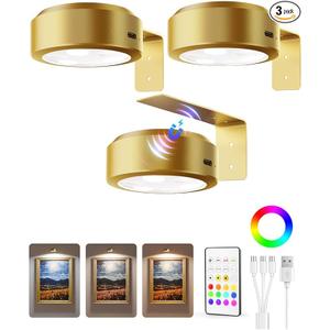 EZVALO Picture Lights for Wall, Rechargeable Battery Magnetic Poster Lights with 3 Color Temps & 12 RGB, Remote Dimmable Timer Light, Wall Decor Light for Art Display (3 Pack with Charging Station) (Gold)