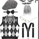 WILLBOND 9 Pieces 100 Days of School Costume for Boys, Old Man Costume for Kids Grandpa Cosplay (Large)