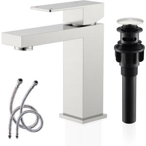 KENES Single Handle Bathroom Sink Faucet, Brushed Nickel Vanity Faucet for Bathroom Sink, with Pop Up Drain Stopper & Water Supply Lines LJ-9031 (Short)