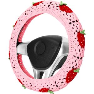 Crochet Steering Wheel Cover Set,Cute Car Steering Wheel Cover Boho 14-15in,Pink Strawberry Granny Square Pattern,Hippie Women Car Accessories (A Wheel Cover)