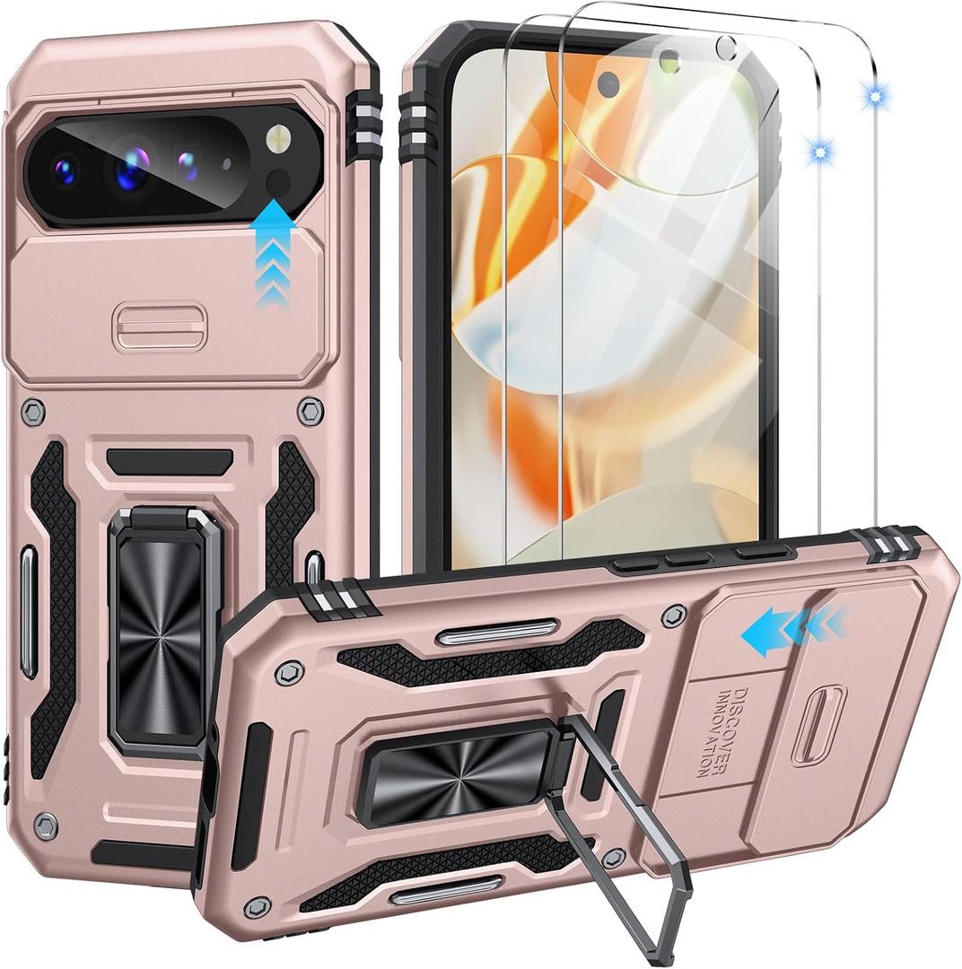 for Google Pixel 9/9 Pro Case with 2 PCS HD Screen Protector, Slide Camera Cover Rotated Ring Kickstand Military Grade Drop Protection, Shockproof Phone Case for Google Pixel 9/9 Pro, Rose Gold
