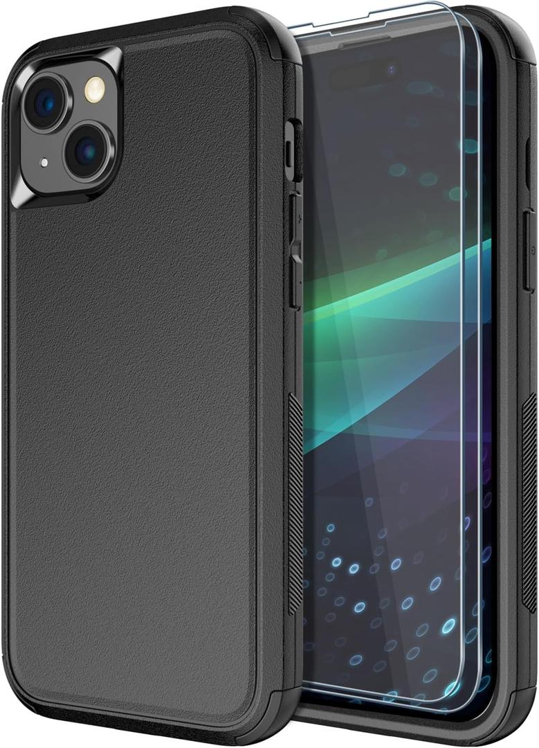 Diverbox for iPhone 15 Case [Shockproof] [Dropproof] [Tempered Glass Screen Protector ],Heavy Duty Protection Phone Case Cover for Apple iPhone 15 6.1 inch (Black -3in1)