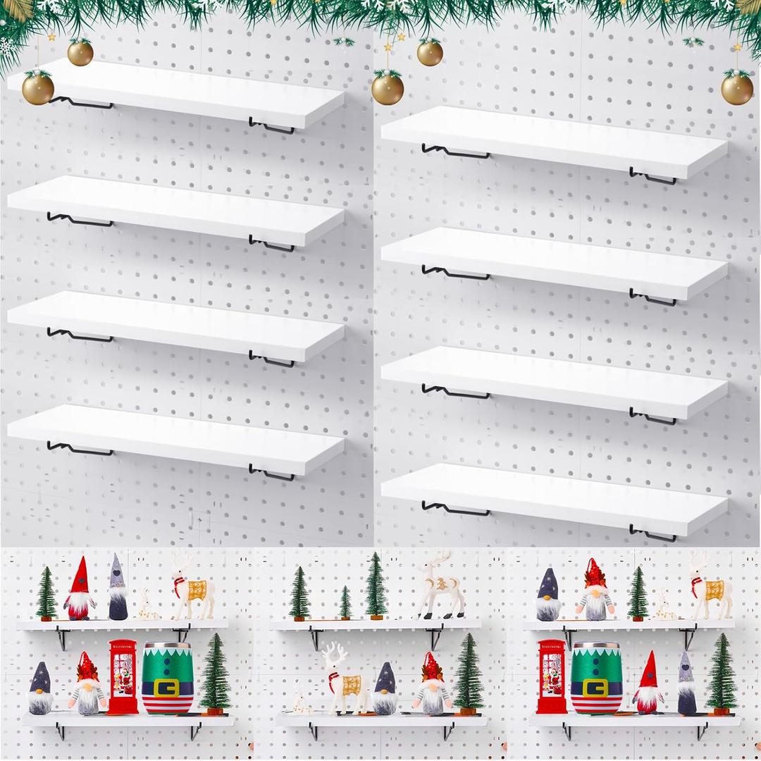 Qunclay 8 Pack Pegboard Shelf Set Wooden Shelves with Metal Brackets Hook Wall Pegboard Shelving Heavy Duty Accessories for Crafts Home Office Garage Workbench(White)(14.96"D x 5.51"W x 0.59"H)