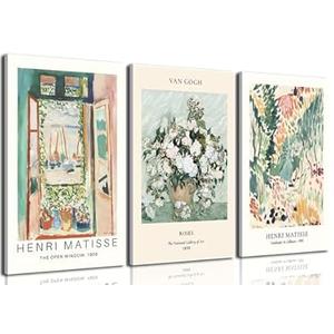 Framed Sage Green Matisse Wall Art Set of 3 Vintage Vin Gogh Flower Market Posters Retro Open Window Canvas Prints Abstract Aesthetic Artwork Painting Picture Decor for Living Room Bedroom 12x16in