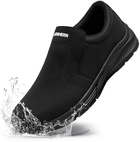 LARNMERN Wide Non Slip Work Shoes for Womens Water Resistant Walking Sneakers Slip On Food Service Chef Kitchen Shoes(Deep Black/ 10W)