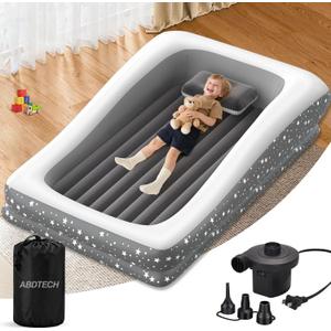 Inflatable Toddler Travel Bed - 67'' Large Size Safety Kids Air Mattress with 4 Sides - Portable Camping Bed for Outdoor Sleepovers, Easy to Inflate & Deflate with Storage Bag & Pump, Grey