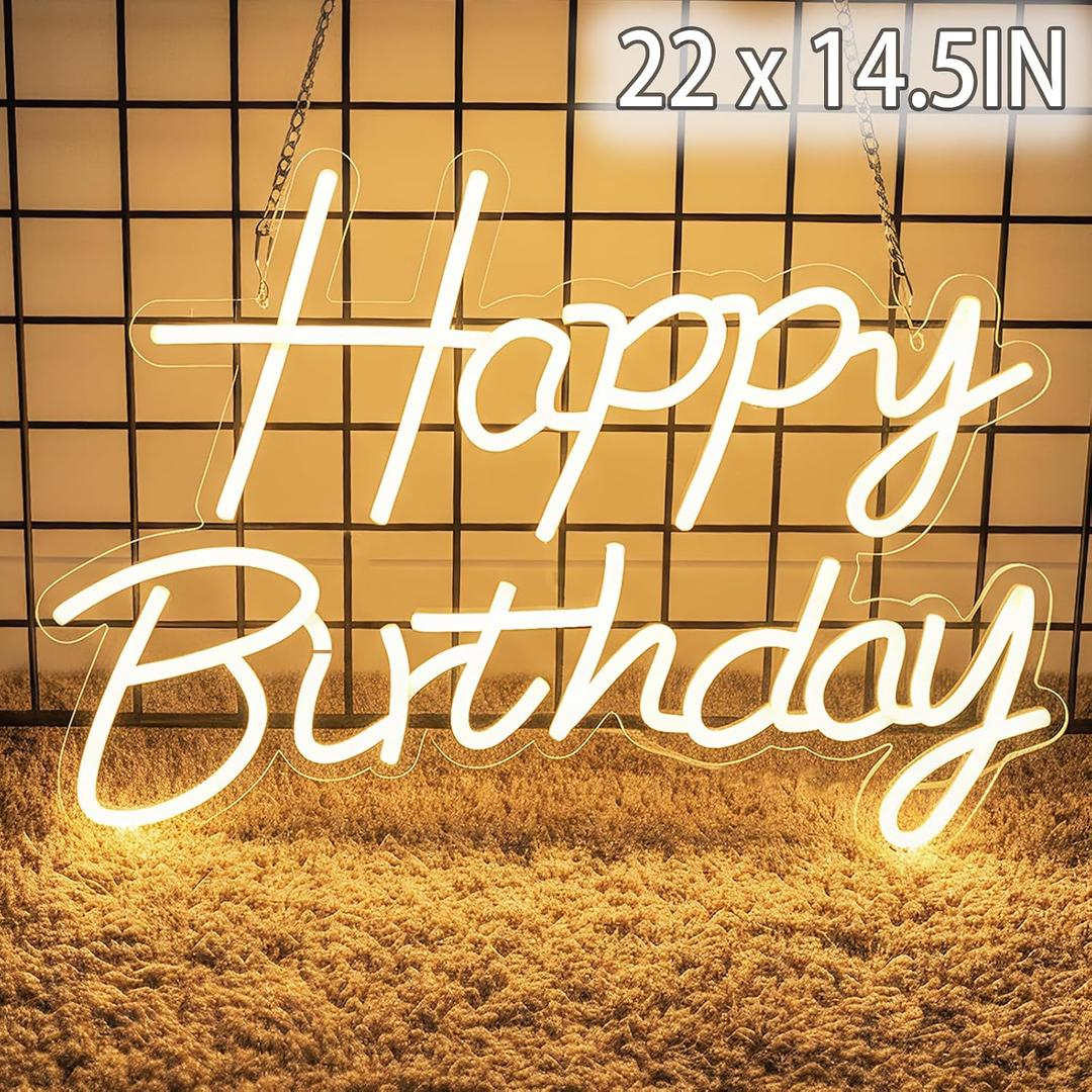 22" x 14.5" Happy Birthday Neon Sign for Backdrop, LED Happy Birthday Light Up Sign, USB Powered Dimmable Neon Light for Birthday Party Decorations, Wall Decor, Warm White