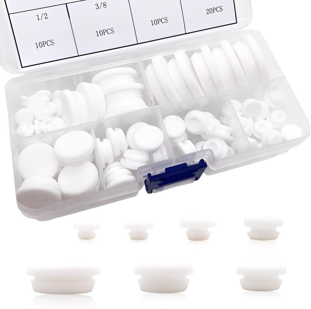 80PCS Silicone Hole Plugs Kit - 7 Sizes (1/4" 5/16" 3/8" 1/2" 5/8" 3/4" 1") - Snap Locking Round Hole Plugs Grommets for Automotive Hole Caps Drain Plugs Bottle Stoppers, Furniture etc. (White)
