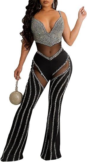 Women's Sexy Sleeveless Deep V neck Mesh Paneled Rhinestones Bodycon Wide Leg Cocktail Party Rompers Jumpsuit
 (Small, 19 Black)