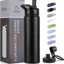 DOMICARE Insulated Water Bottle, 22 oz Vacuum Insulated Stainless Steel Reusable Sports Bottle with Straw Lid & Spout Lid for Travel, Camping, Bike, Leakproof, Black, 1 Pack