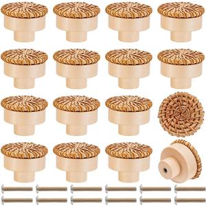 30Pcs Boho Rattan Dresser Knobs, Handmade Wicker Woven Pulls with 30pcs Screws Decorative Wooden Drawer Handles for Dresser Handmade Kitchen Furniture Home DIY Cupboard Wardrobe