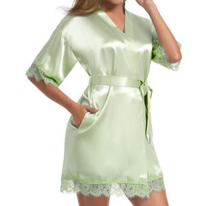 Women's Lace Trim Kimono Robe Bride Bridesmaids Wedding Shower Satin Short Robe Bridal Party Nightgown (Saage Green, S)