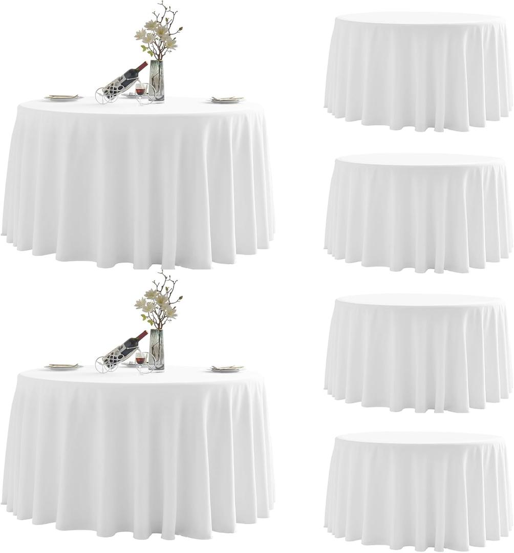 Round Tablecloth,6 Pack 120inch Stain and Wrinkle Resistant Polyester Table Cloth, Decorative Fabric Table Cover for Kitchen, Dinning, Party, Wedding Round(White)