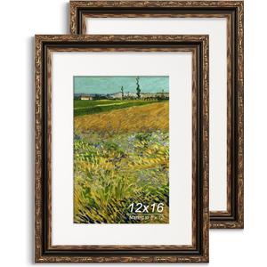 12x16 Picture Frame, Ornate Embossing Frame with Paper Mat and Plexiglass, Fit for 12x16 without Mat or 8x12 with Mat, Wall Mounting Display for Art Prints, Bronze and Antique Gold, 2 Pack