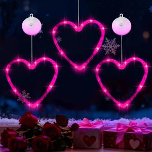 Artmag 3 Pcs Valentines Day Window Lights Decorations with Timer, Heart Shaped Silhouette Battery Powered Hanging Led Lamp for Valentine's Day Lover Home Decor Pink